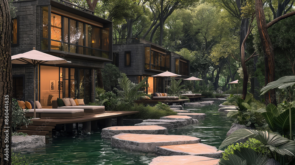 Obraz premium Modern Style Forest Resort with Stream and Stone Walkway