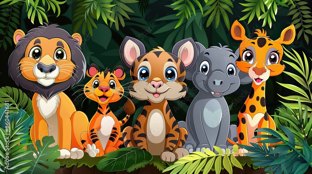 Fototapeta premium Cute cartoon lion, tiger, hippo, and giraffe in the jungle. Vector illustration.