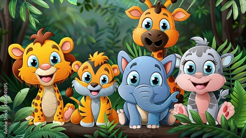 Cute baby wild animals sitting in the jungle