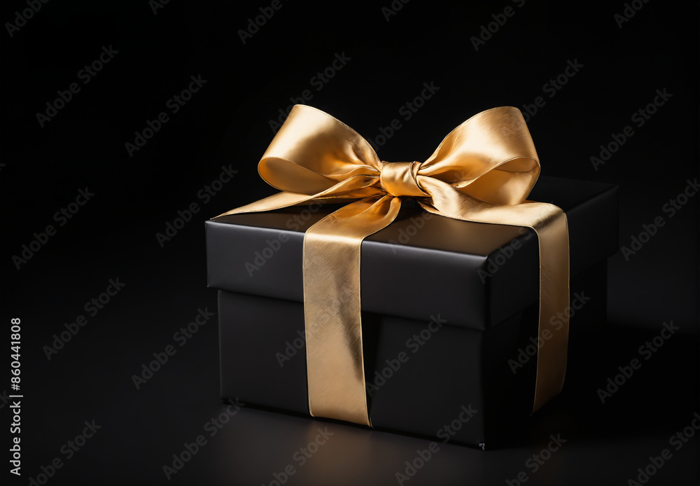 Black gift box with golden bow on a black background Black gift box with golden bow on a black background