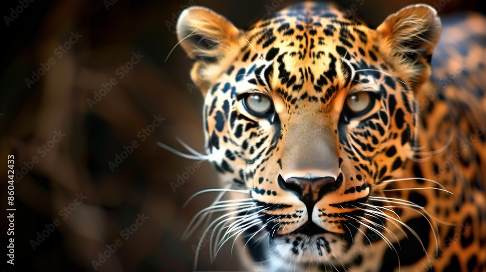 Naklejka premium A stunning close-up portrait of a leopard, with its piercing green eyes and sleek fur, perfectly capturing the beauty and intensity of this magnificent big cat.