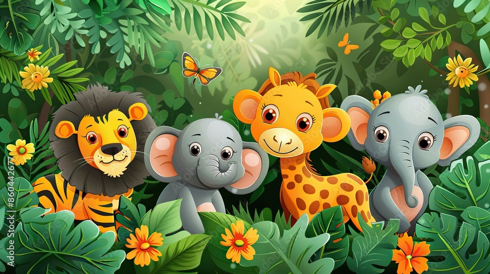 Fototapeta premium Cute cartoon animals in the jungle. Lion, elephant, giraffe and butterfly.