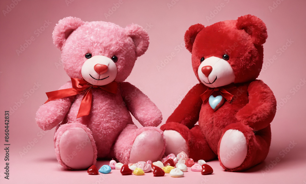 Pink and red plush teddy bears sitting together on pink background with candy hearts Pink and red plush teddy bears sitting together on pink background with candy hearts