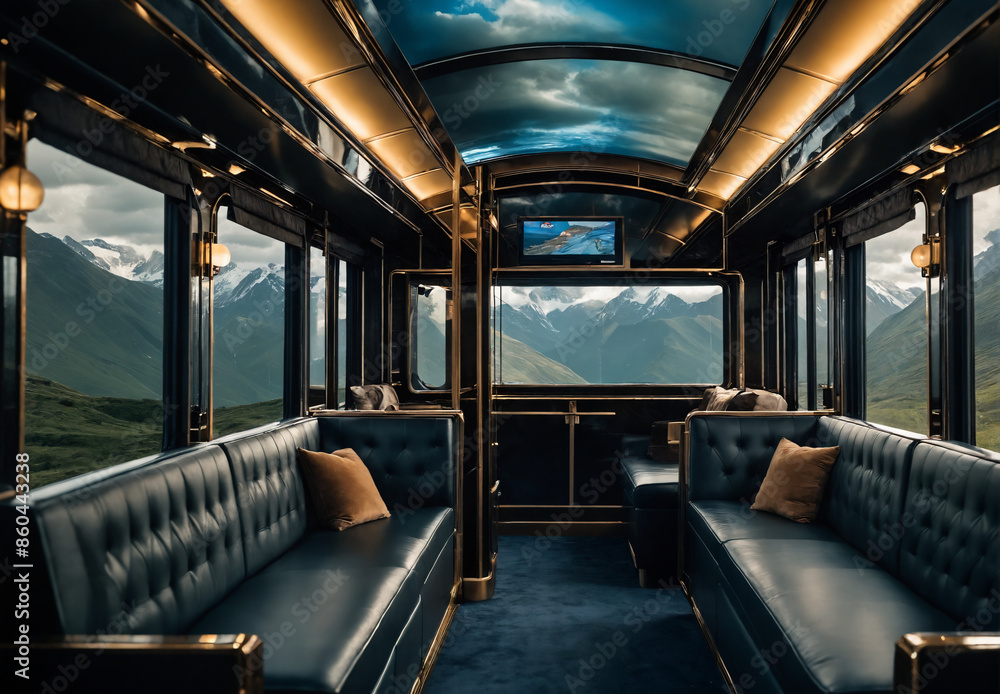 Fototapeta premium Luxurious train car interior with mountain views during daytime