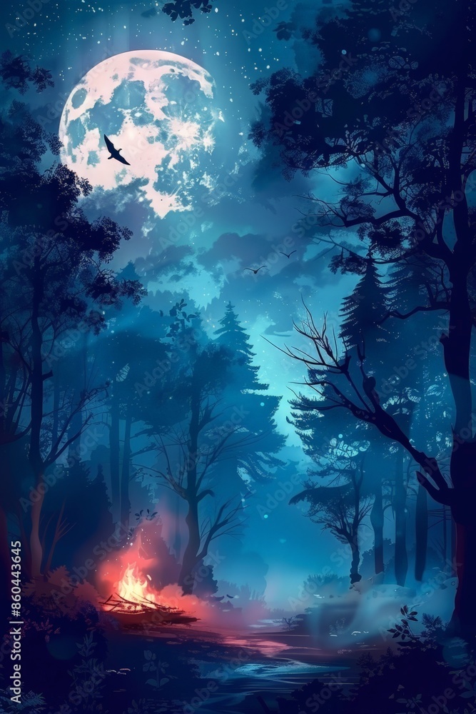 digital illustration of a foggy forest at night. moonlight is illuminating the forest. there is a bonfire on the left side. A flying dragon's silhouette can be seen in the sky illuminated by moon. digital illustration of a foggy forest at night. moonlight is illuminating the forest. there is a bonfire on the left side. A flying dragon's silhouette can be seen in the sky illuminated by moon.