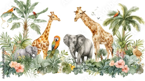 Fototapeta Naklejka Na Ścianę i Meble -  Watercolor illustration of a group of animals in the jungle with tropical plants and flowers.