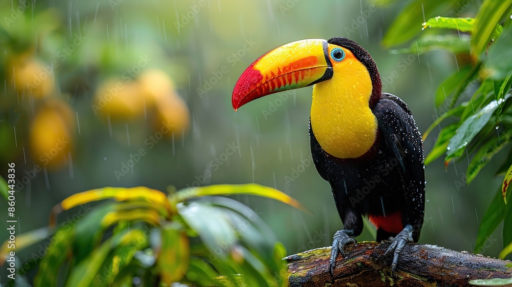 Obraz premium A brightly colored toucan perches on a branch in the rainforest.