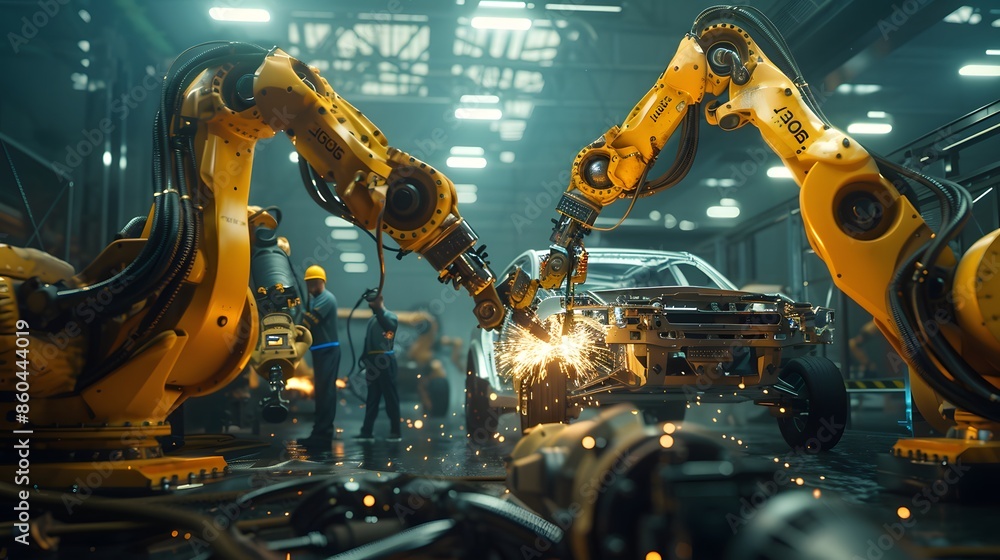 Industrial Robot Arms Welding a Car Frame Industrial Robot Arms Welding a Car Frame