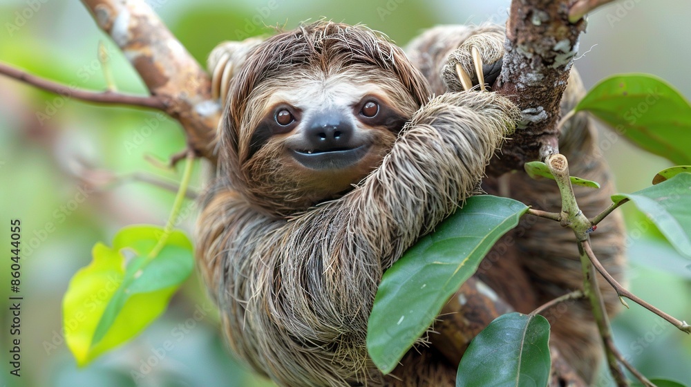 A sloth hanging from a tree branch in the jungle. A sloth hanging from a tree branch in the jungle.