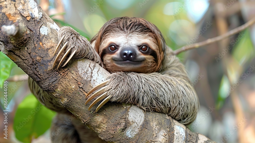 Fototapeta premium A sloth is hanging from a tree branch with a big smile on its face.