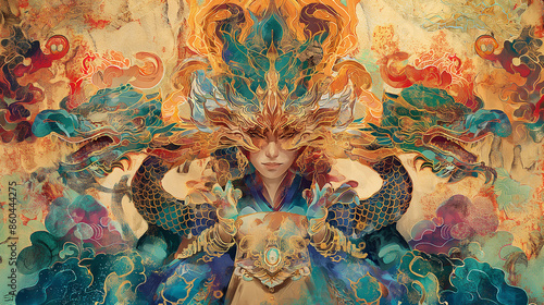 A woman with a dragon mask, surrounded by swirling colors and textures, creating a mystical and powerful image. photo