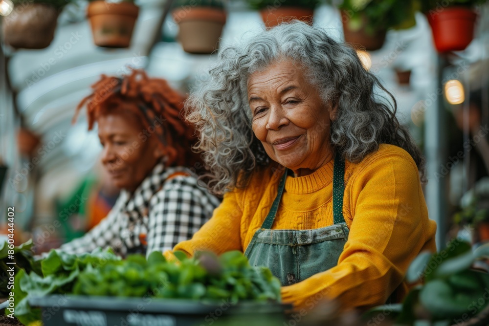 A joyful elderly woman enjoying gardening in a greenhouse, surrounded by plants, showcasing the therapeutic benefits of gardening. A joyful elderly woman enjoying gardening in a greenhouse, surrounded by plants, showcasing the therapeutic benefits of gardening.