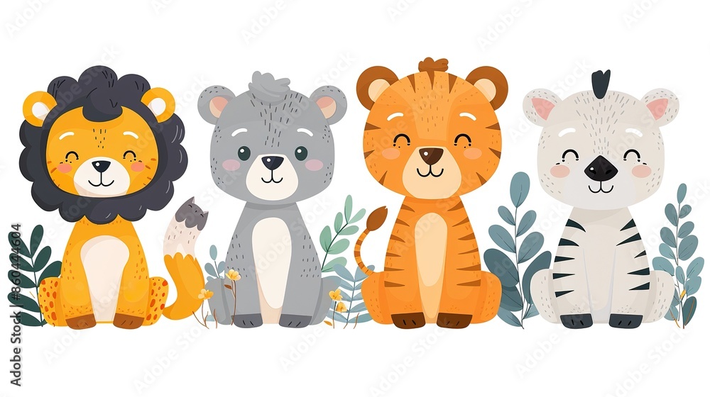 A cute vector illustration of a lion, a bear, a tiger, and a zebra sitting in a row. A cute vector illustration of a lion, a bear, a tiger, and a zebra sitting in a row.