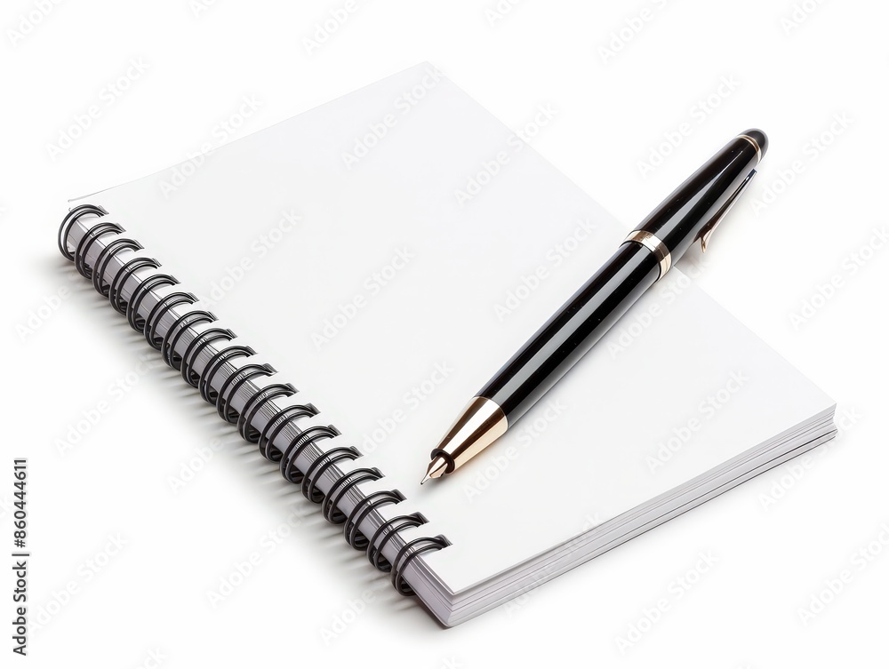 A black pen and spiral notebook isolated on white background, simple style A black pen and spiral notebook isolated on white background, simple style