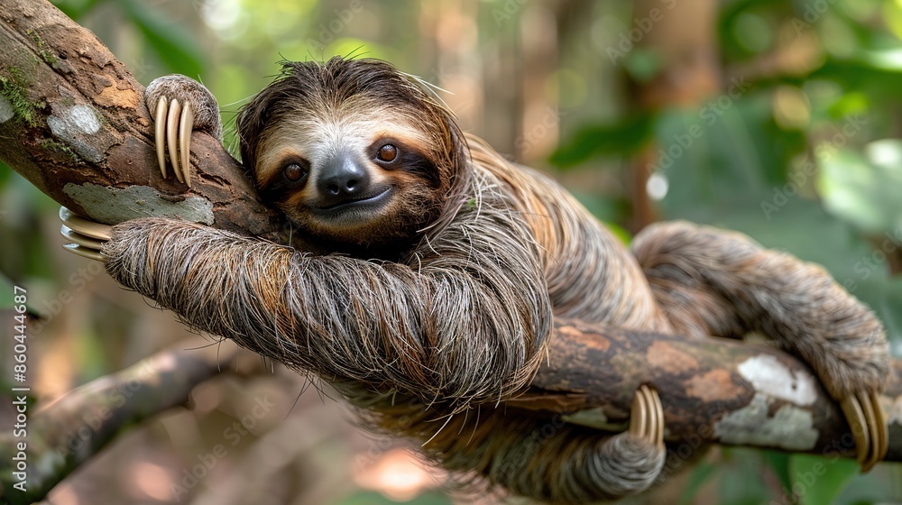 Fototapeta premium A cute three-toed sloth is hanging from a branch in the rainforest.