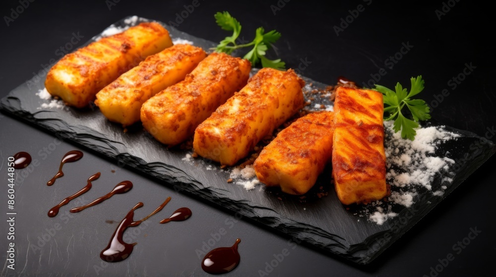 Tasty golden fried sticks served on a black slate, adorned with fresh herbs and paired with a drizzle of delicious sauce, making for an appetizing gourmet presentation. Tasty golden fried sticks served on a black slate, adorned with fresh herbs and paired with a drizzle of delicious sauce, making for an appetizing gourmet presentation.