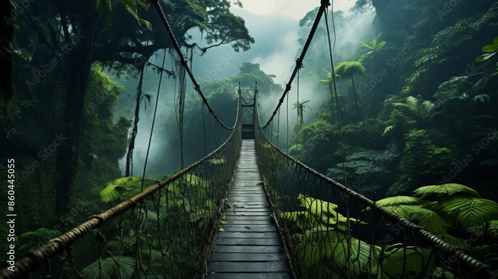 Fototapeta premium A stunning adventure awaits on this rustic rope bridge surrounded by lush, misty rainforest, offering a mystical and serene experience amidst nature's untouched beauty.