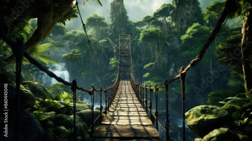 Fototapeta Naklejka Na Ścianę i Meble -  A breathtaking scene of a sturdy suspension bridge set amidst a vibrant, lush jungle with cascading waterfalls, inviting an adventurous walk through nature's splendor.