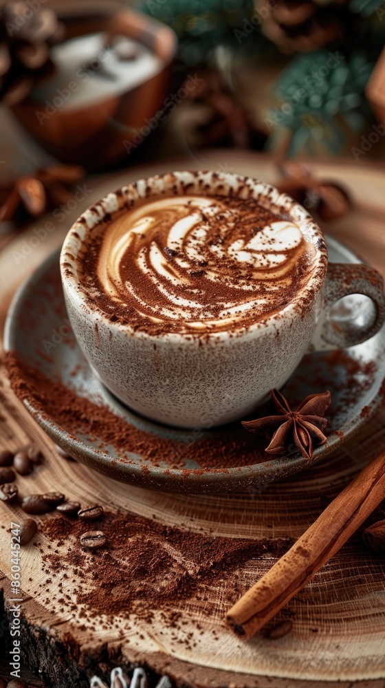 World Coffee Day. Cappuccino with cinnamon and spices on a wooden background. World Coffee Day. Cappuccino with cinnamon and spices on a wooden background.
