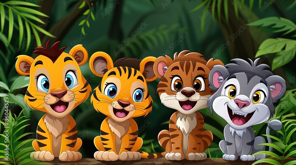 Four cute baby animals sitting on a tree branch in the jungle. Four cute baby animals sitting on a tree branch in the jungle.