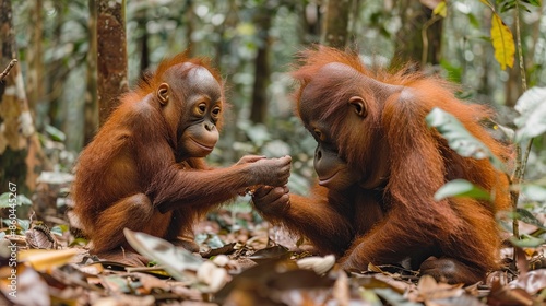 Two baby orangutans sit in the forest, holding hands and looking at each other affectionately. photo