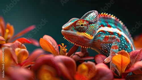 A vibrant chameleon sits on a branch with red flowers, its body blending in with the petals. photo