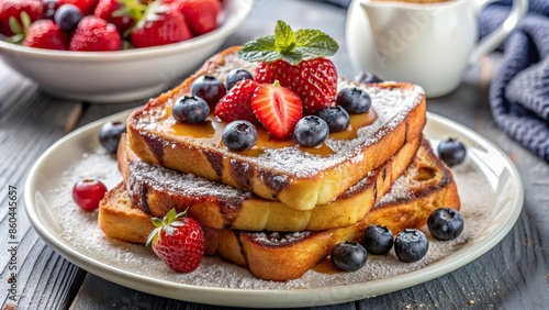 Delicious homemade French toast with syrup, berries, and powdered sugar on a white plate, breakfast, French toast