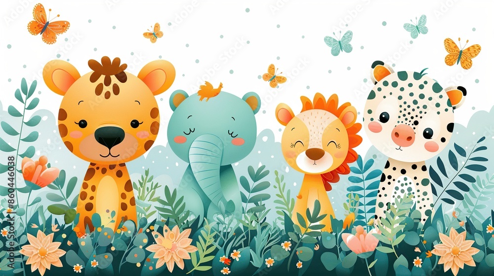Naklejka premium Cute cartoon animals in the jungle with flowers and butterflies