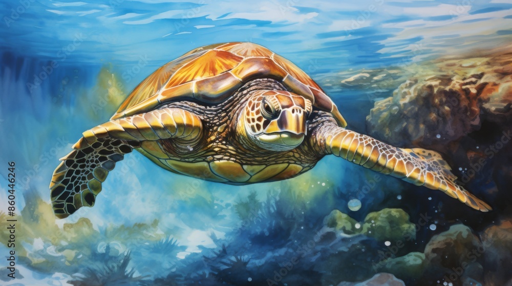 Obraz premium A highly detailed and realistic painting of a sea turtle swimming underwater, featuring vivid colors and lifelike textures capturing the essence of marine life vividly.