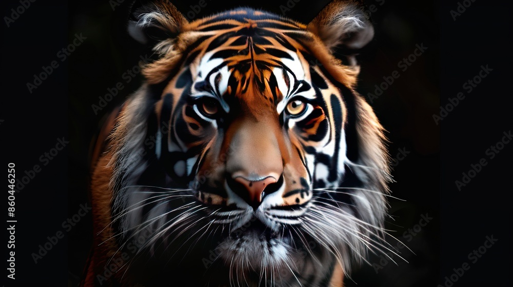 A close-up of a tiger's face, with its eyes wide open and its mouth slightly open, and its fur is a dark orange with black stripes. A close-up of a tiger's face, with its eyes wide open and its mouth slightly open, and its fur is a dark orange with black stripes.