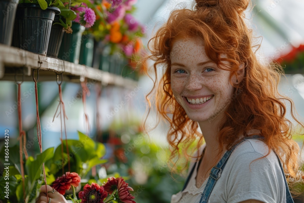 Naklejka premium A young woman with red hair tends to vibrant flowers in a greenhouse, demonstrating care and passion for gardening in a lush, green environment.