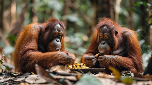 Two orangutans sit in the jungle eating bananas. photo