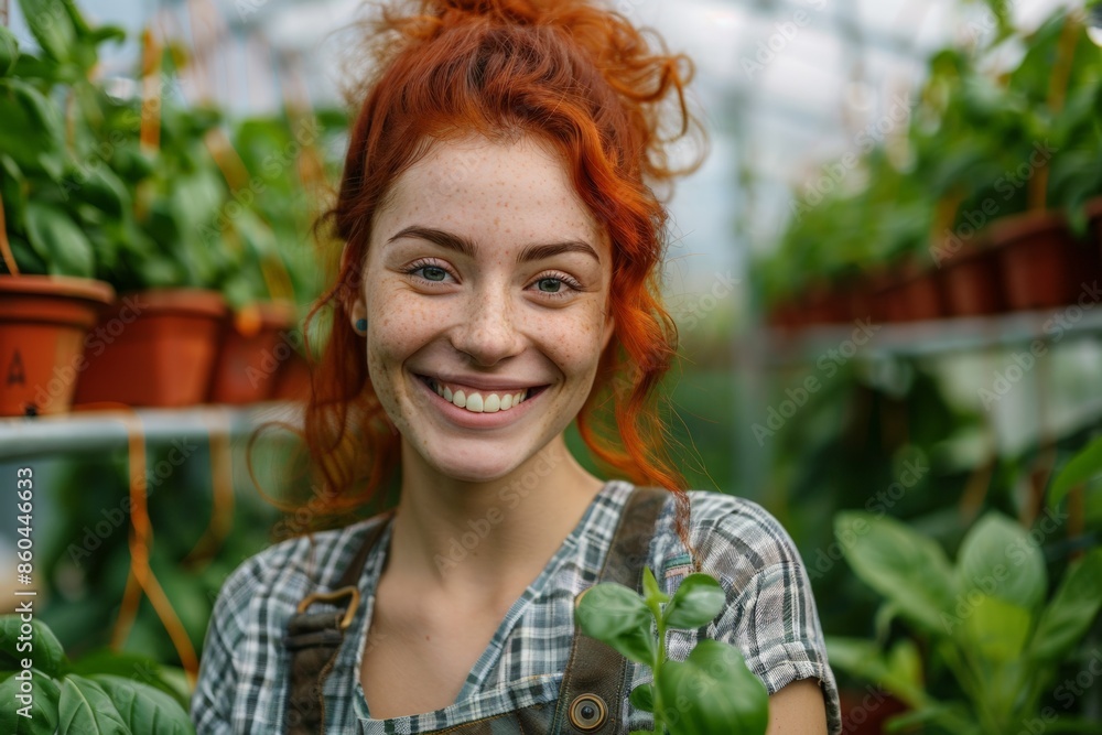 A cheerful red-haired woman smiles brightly in a greenhouse, enjoying her gardening activities surrounded by vibrant green plants and a serene atmosphere. A cheerful red-haired woman smiles brightly in a greenhouse, enjoying her gardening activities surrounded by vibrant green plants and a serene atmosphere.