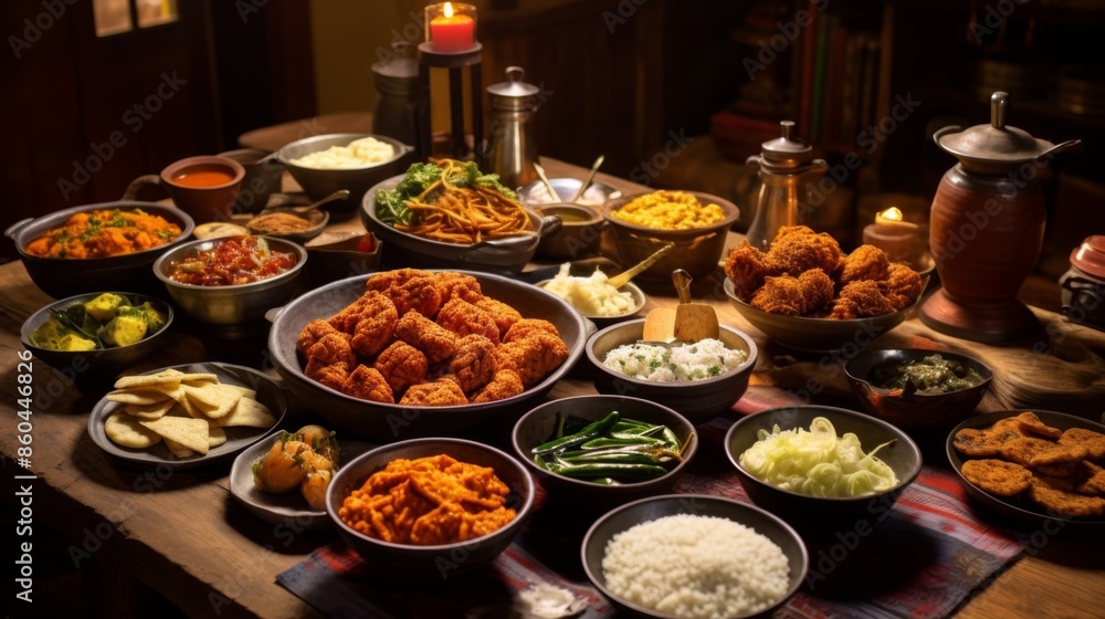 A lavish spread with multiple dishes including rice, vegetables, meats, and more, all arranged neatly on a wooden table with candles and traditional pots in the background. A lavish spread with multiple dishes including rice, vegetables, meats, and more, all arranged neatly on a wooden table with candles and traditional pots in the background.