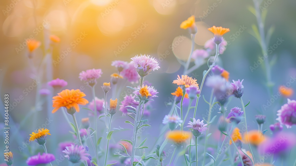 Colorful flowering herb meadow with purple blooming phacelia orange calendula officinalis and wild chamomile Meadow flowers photographed landscape format suitable as wall decoration in : Generative AI Colorful flowering herb meadow with purple blooming phacelia orange calendula officinalis and wild chamomile Meadow flowers photographed landscape format suitable as wall decoration in : Generative AI