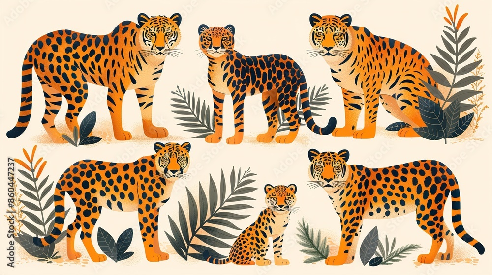 Obraz premium A collection of illustrations of jaguars in various poses, with a focus on the beauty and grace of these animals.
