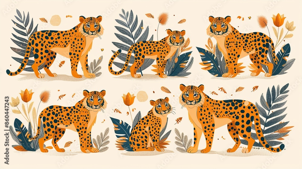 Obraz premium Set of hand drawn leopards with floral elements. Vector illustration.