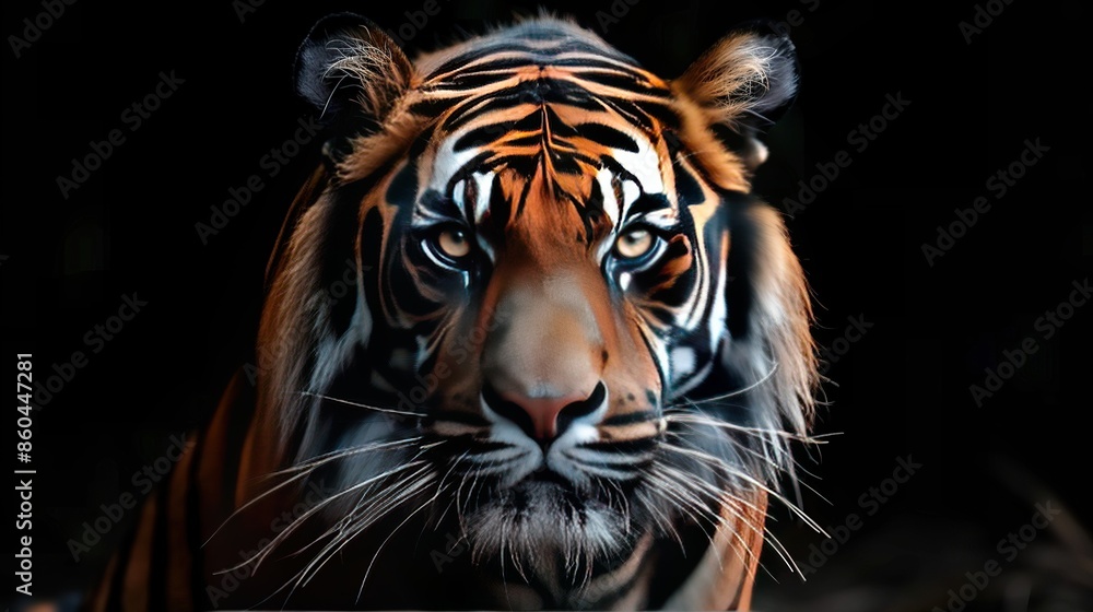 Obraz premium A closeup portrait of a tiger, with a black background. The tiger is looking at the camera with its eyes wide open. Its fur is orange and black, with white stripes on its face.
