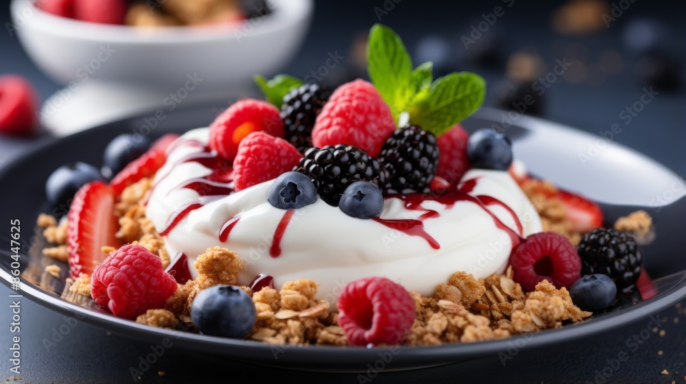 A sumptuous serving of yogurt adorned with mixed berries like raspberries, blueberries, and blackberries, lavishly topped with granola and a drizzle of berry sauce. A sumptuous serving of yogurt adorned with mixed berries like raspberries, blueberries, and blackberries, lavishly topped with granola and a drizzle of berry sauce.