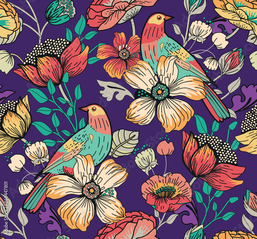 Seamless pattern for textile or wallpaper with flowers, leaves and birds. Full color print.	