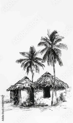 Black and White Sketch of Two Huts with Palm Trees