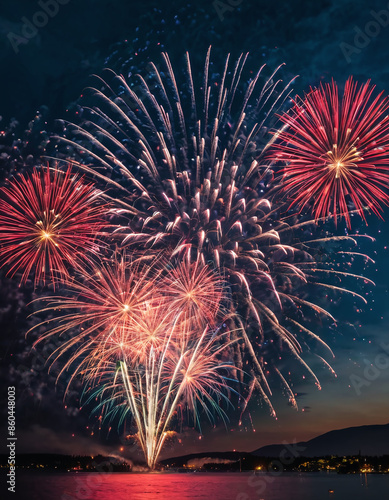 fireworks in the sky, Cluster of fireworks of Canadian day lighting up the sky at CN tower in Toronto Canada.