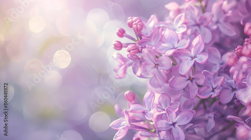 Beautiful Wide Angle soft spring background with lilac flowers Panoramic pastel floral pink and purple template Web banner greeting card with Copy Space : Generative AI