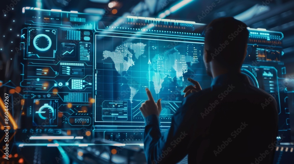 A person interacts with a futuristic control panel showcasing a digital world map, integrating advanced technology and global connectivity, symbolizing modern communication networks.