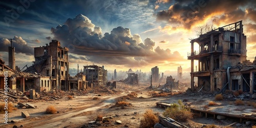 Desolate post-apocalyptic landscape with ruined buildings and debris , nuclear explosion, war, devastation photo