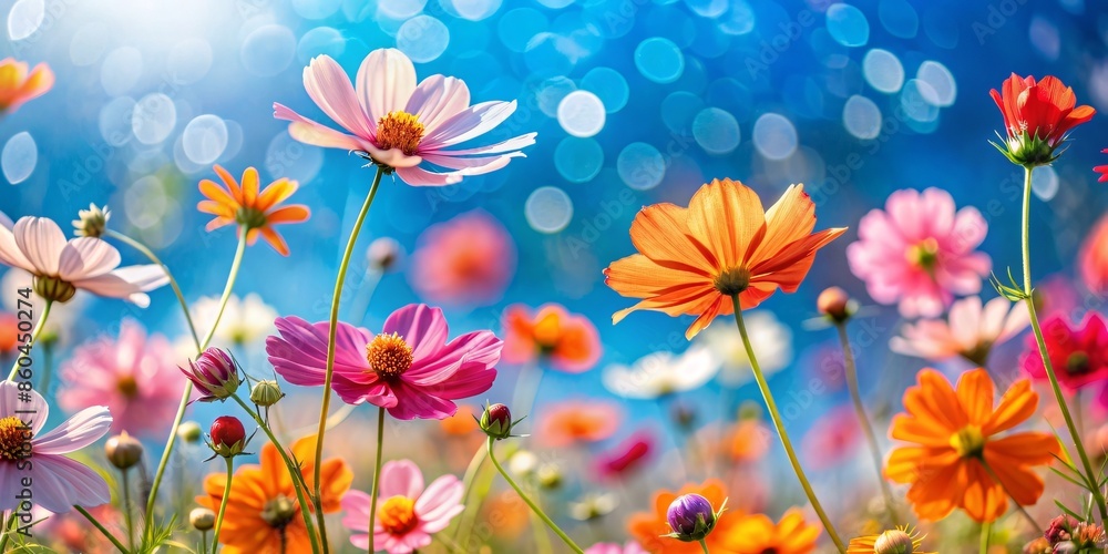 A vast meadow bursts with colorful wildflowers swaying gently in the summer breeze. Clear blue sky stretches overhead. A vast meadow bursts with colorful wildflowers swaying gently in the summer breeze. Clear blue sky stretches overhead.