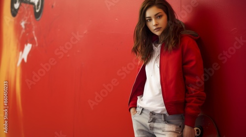 A visually striking image of a girl in a red jacket holding a skateboard, leaning against a vivid red wall, symbolizing urban edge and a carefree youthful spirit. © Gia