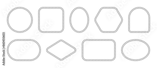Rope frames set. Rope borders and frame in various shapes. Geometric border collection. Rectangle, oval, square other shapes. Vector illustration.