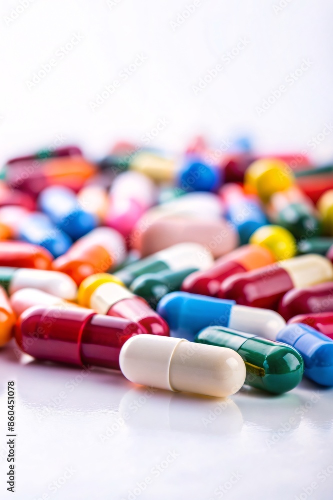 A close-up view of various colorful pills scattered across a clean, white surface. The pills come in a variety of shapes and sizes. A close-up view of various colorful pills scattered across a clean, white surface. The pills come in a variety of shapes and sizes.