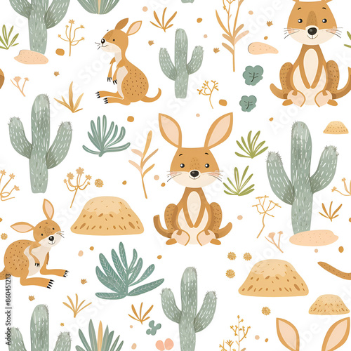 Cute Seamless Pattern with Kangaroo and Desert